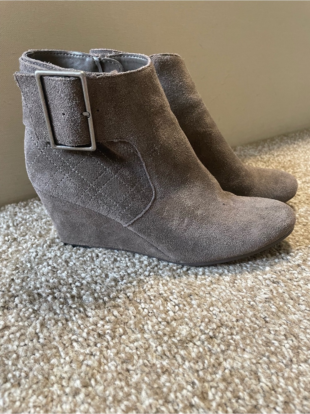 Suede Wedge Ankle Boot with Buckle Detail in Taupe